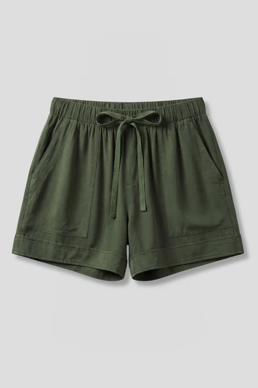 Pantaloncini traspiranti da donna - tasche plissettate, gamba larga, misto cotone, abbigliamento casual, modello a infilare