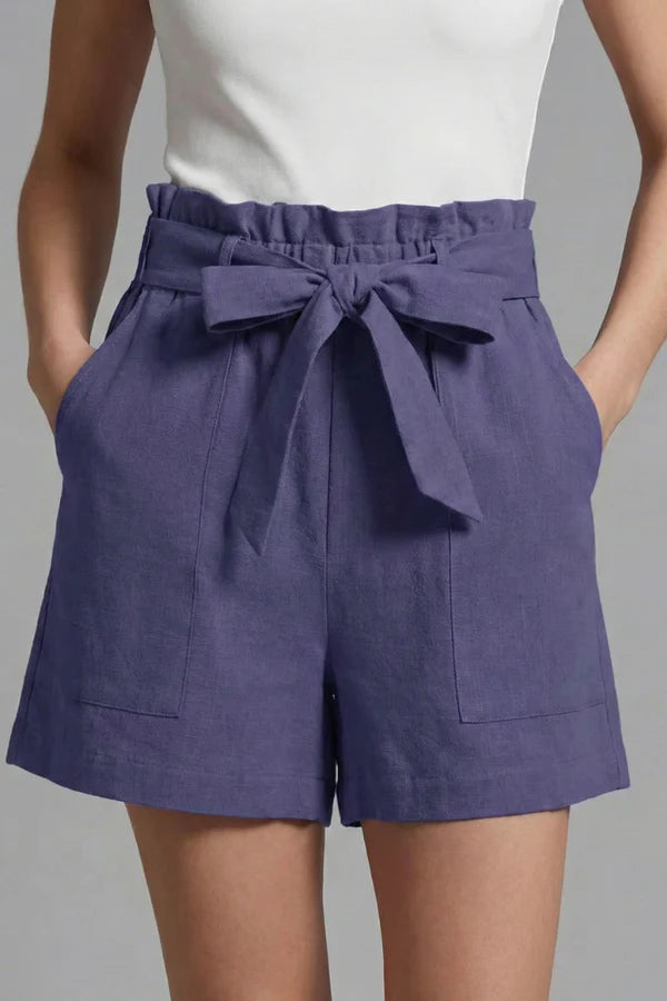 Shorts respirants pour femmes – taille haute, jambe large avec poches, mélange coton-lin, décontracté