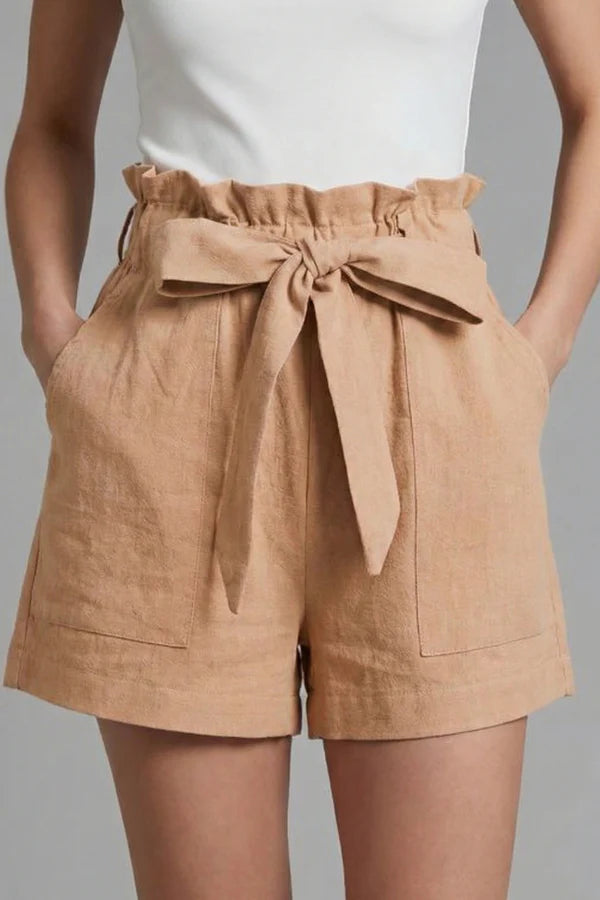 Shorts respirants pour femmes – taille haute, jambe large avec poches, mélange coton-lin, décontracté