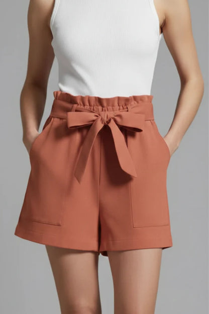 Shorts respirants pour femmes – taille haute, jambe large avec poches, mélange coton-lin, décontracté
