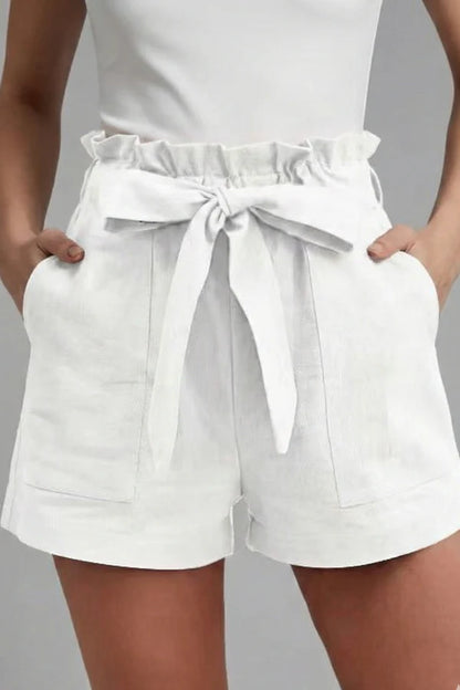 Shorts respirants pour femmes – taille haute, jambe large avec poches, mélange coton-lin, décontracté