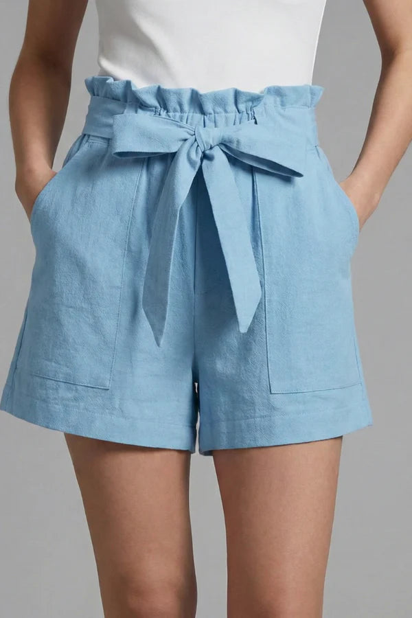 Shorts respirants pour femmes – taille haute, jambe large avec poches, mélange coton-lin, décontracté