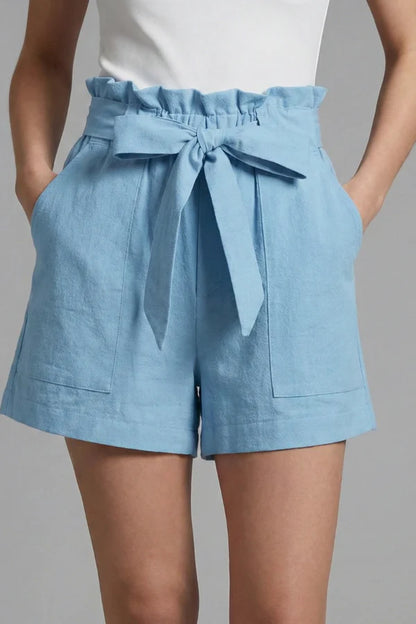 Shorts respirants pour femmes – taille haute, jambe large avec poches, mélange coton-lin, décontracté