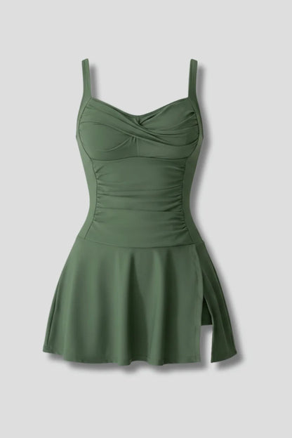 Quick-dry flattering women's skirted swimsuit – sleeveless ruched-bust, nylon, for pool