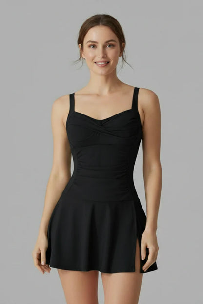 Quick-dry flattering women's skirted swimsuit – sleeveless ruched-bust, nylon, for pool
