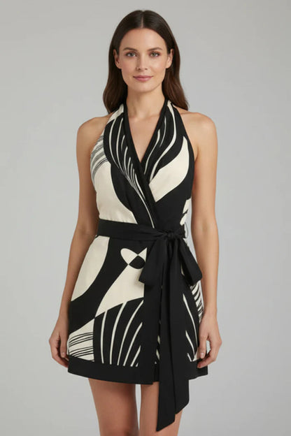 Lightweight women's halter dress - flattering wrap waist, Nordic graphic print, polyester, for summer events