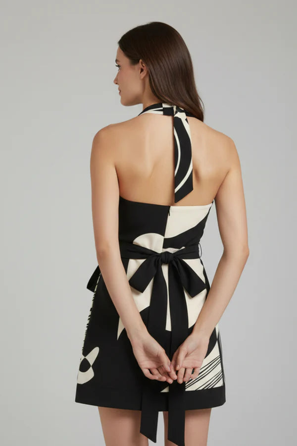 Lightweight women's halter dress - flattering wrap waist, Nordic graphic print, polyester, for summer events