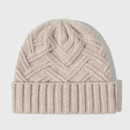 Warm Classic Wool Beanie - Ribbed Cuff, Chevron Knit