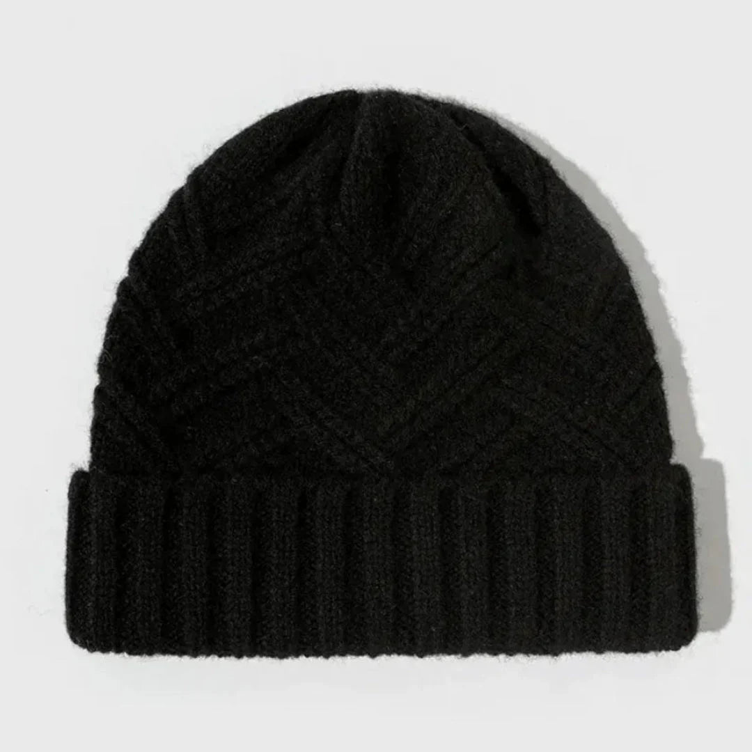 Warm Classic Wool Beanie - Ribbed Cuff, Chevron Knit