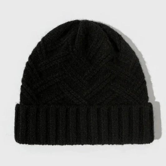 Warm Classic Wool Beanie - Ribbed Cuff, Chevron Knit