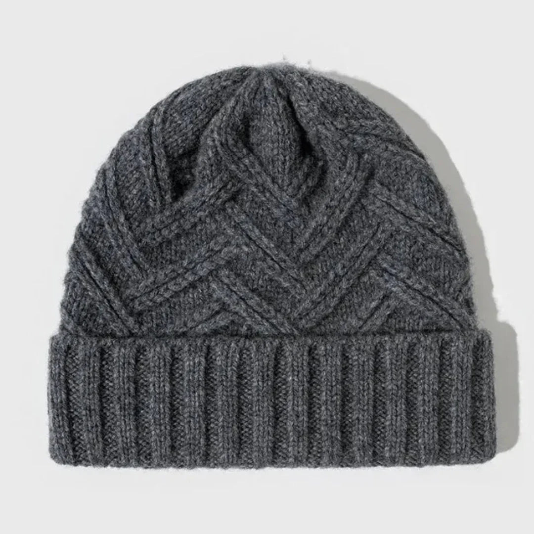 Warm Classic Wool Beanie - Ribbed Cuff, Chevron Knit