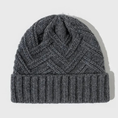Warm Classic Wool Beanie - Ribbed Cuff, Chevron Knit