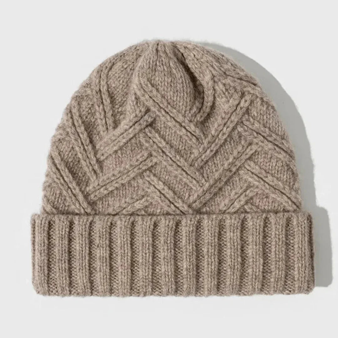Warm Classic Wool Beanie - Ribbed Cuff, Chevron Knit