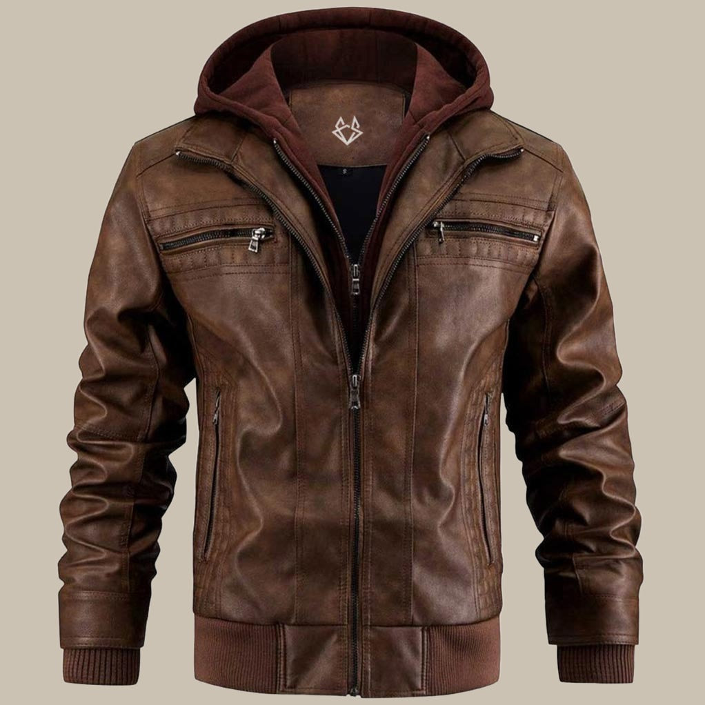 Warm Mens Leather Hooded Jacket - Bomber, Cold Weather
