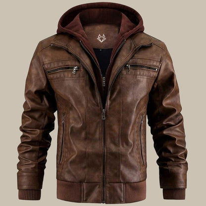 Warm Mens Leather Hooded Jacket - Bomber, Cold Weather