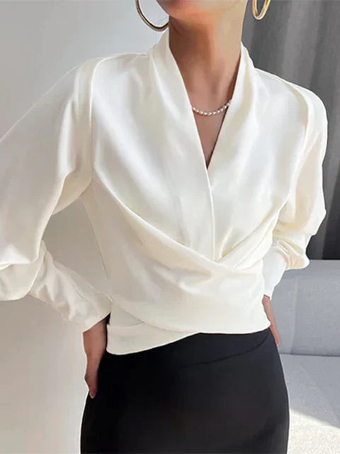 White Puff Sleeve Blouse for Women, V-Neck Summer Top, Elegant Casual and Formal Wear, Available in Blue and Black-2