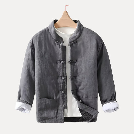 Warm Relaxed Men Padded Jacket - Mandarin Collar Linen