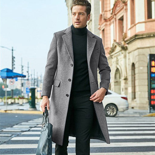 Warm Men's Wool Coat - Single Breasted, Polyester, City