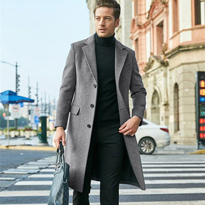 Warm Men's Wool Coat - Single Breasted, Polyester, City
