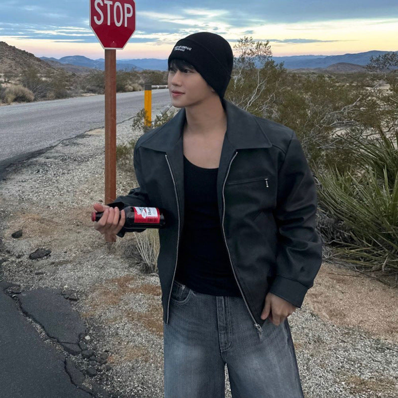 Chaqueta de motociclista para hombre con solapa suave - cierre frontal con cremallera, cuello con solapa, cuero PU, ropa casual para la ciudad