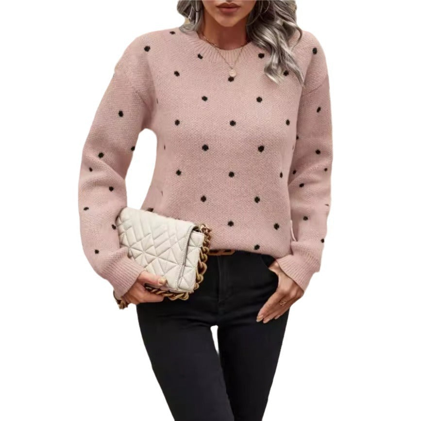 Soft Womens Sweater - Round Neck Long Sleeve Jacquard, Cozy