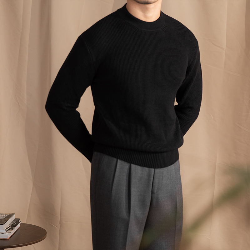 Varm Klassisk Herre Crewneck Trøje - Bred Rib Uldblanding