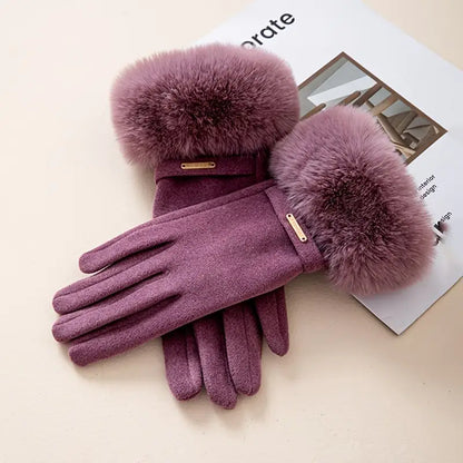 Insulating Women's Gloves - Fur Cuff, Suede, For Commuting
