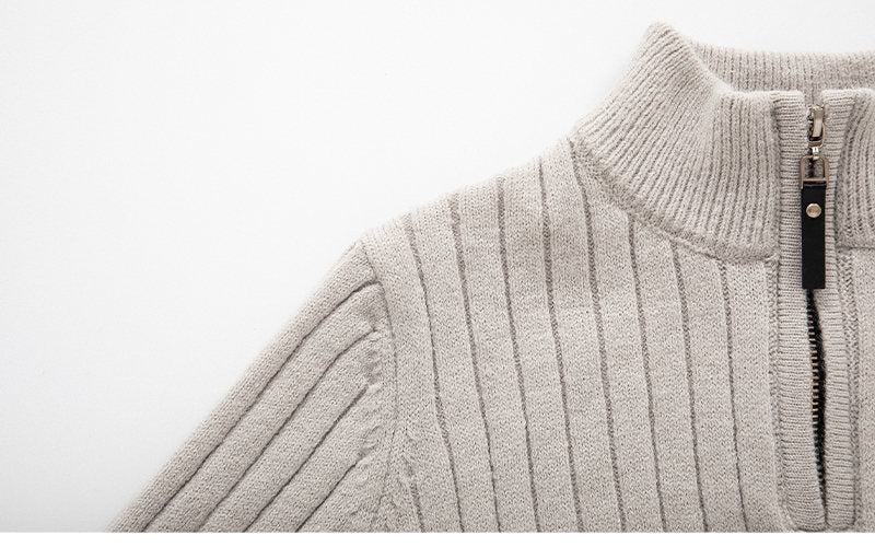 Fitted Men's Half Turtleneck Zip Sweater - Ribbed Knit