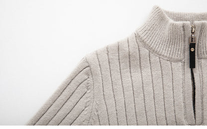 Fitted Men's Half Turtleneck Zip Sweater - Ribbed Knit