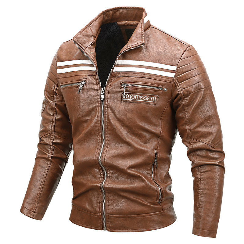 Cazadora de cuero para hombre cálida para motocicleta - corte biker con hombros acolchados y rayas de carreras, cuero PU, para paseos de otoño