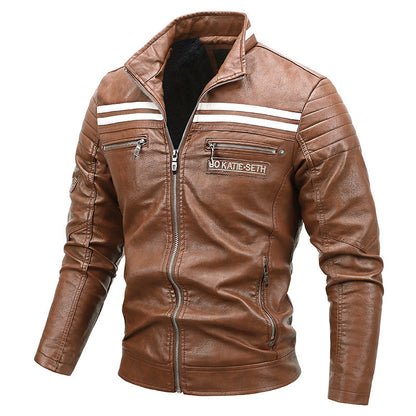 Cazadora de cuero para hombre cálida para motocicleta - corte biker con hombros acolchados y rayas de carreras, cuero PU, para paseos de otoño