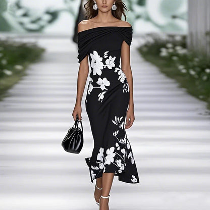 Lightweight women's dress - off-shoulder twist midi-length, floral print, polyester, for weddings