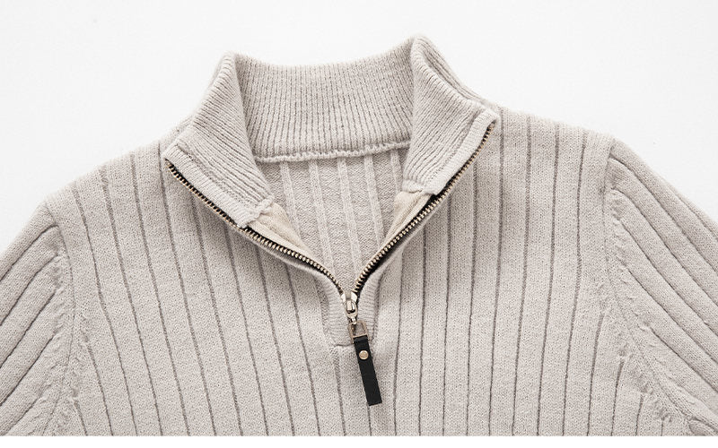 Fitted Men's Half Turtleneck Zip Sweater - Ribbed Knit