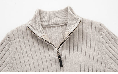 Fitted Men's Half Turtleneck Zip Sweater - Ribbed Knit