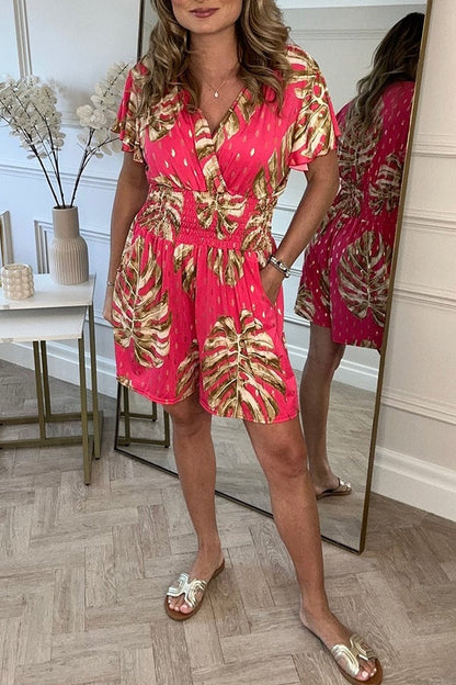 Variant image for Leafy Print Women's Romper with Smocked Waist, Casual Jumpsuit for Summer Outings and Beach Wear-13