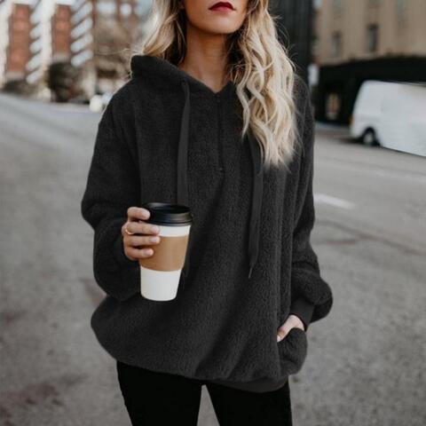 Weicher Lässiger Damen-Hoodie - Pullover mit halbem Reißverschluss, Fleece