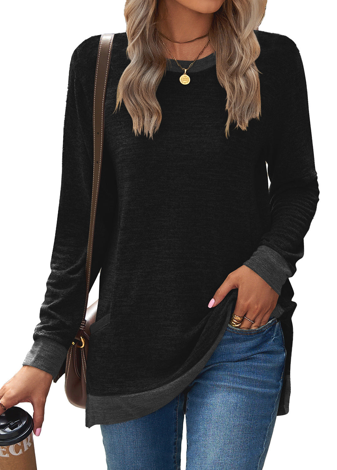 Soft Relaxed Women’s Long Sleeve Pullover - Round Neck Tunic, Cotton Cashmere Knit, Pocketed Mid Length Top For Casual Wear