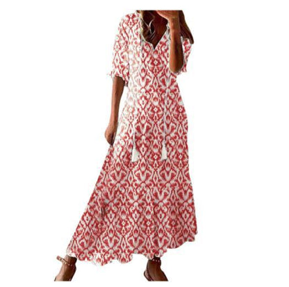 Vestito leggero da donna - stampa bohemien, scollo a V, maniche lunghe, vita media, abbigliamento casual quotidiano