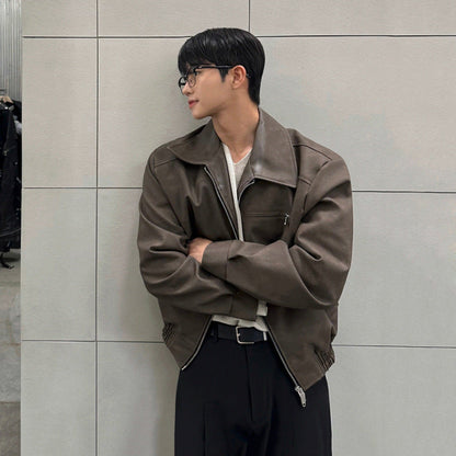 Chaqueta de motociclista para hombre con solapa suave - cierre frontal con cremallera, cuello con solapa, cuero PU, ropa casual para la ciudad