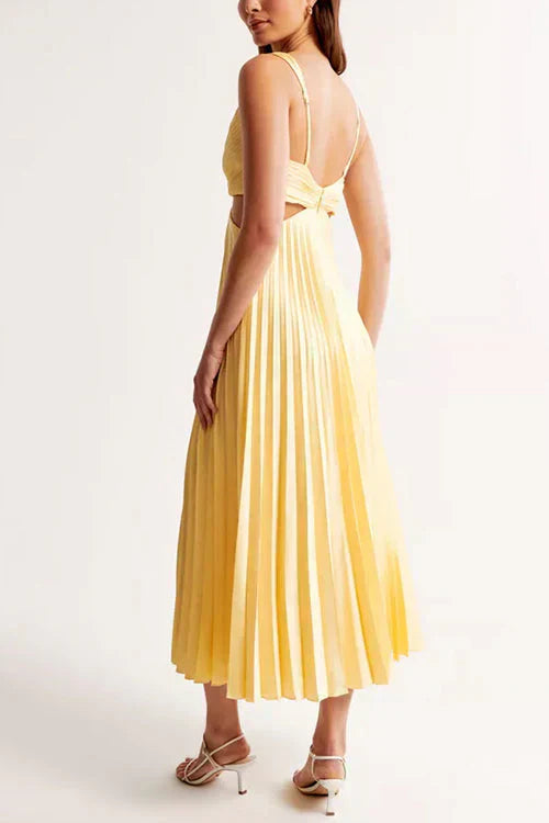 Elegant Pleated Satin Evening Dress with Deep V Neckline - Formal Wedding Guest Gown Available in Six Colors-2