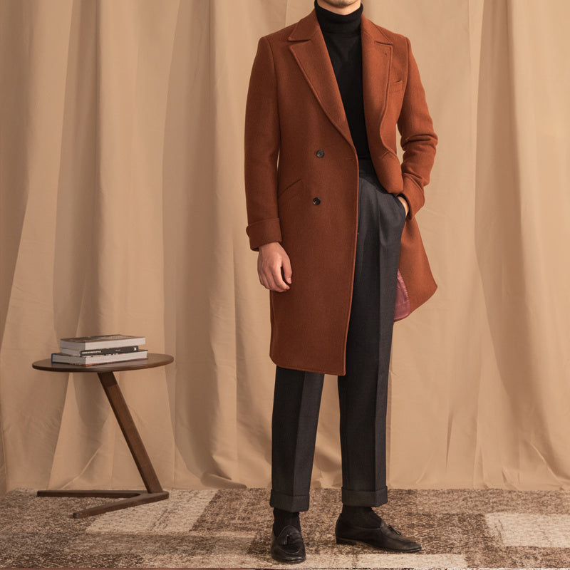 Warm Mens Overcoat - Double-Breasted Midlength Wool Winter