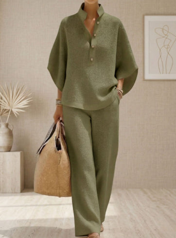 Letvægts damesæt - pullover med ståkrave, ballonærmer, bukser med lige ben, polyester, til kontoret