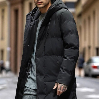 Warm Men's Long Puffer Coat - Hooded Quilted Cotton, Urban
