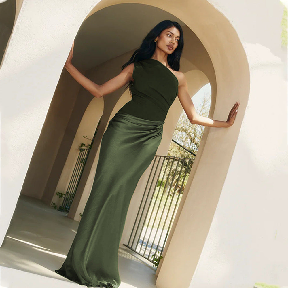 Fitted women's dress - asymmetric one-shoulder sheath, satin, for formal evening events and special occasions