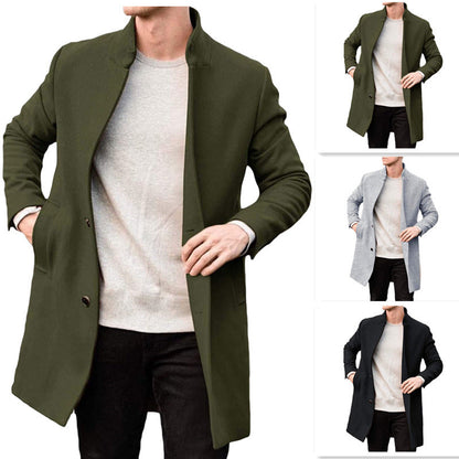 Warm Timeless Men's Wool Coat - Stand Collar, Mid Thigh