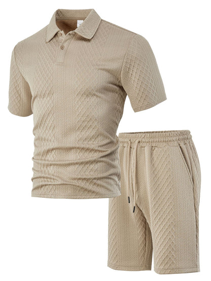 Breathable men's polo shirt and shorts set – durable textured pattern, polyester, for casual wear