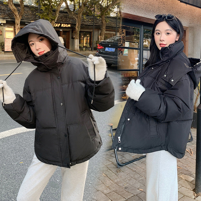 Warm Women’s Short Puffer Jacket - Loose Cotton Hooded