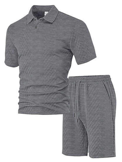 Breathable men's polo shirt and shorts set – durable textured pattern, polyester, for casual wear