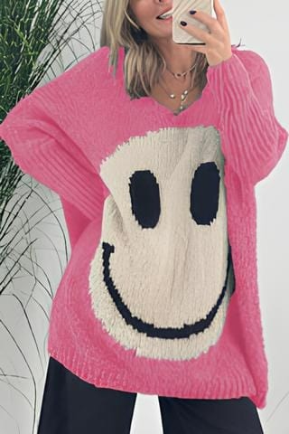 Übergroßer gemütlicher Damenpullover - V-Ausschnitt mit strukturierter Strickoptik