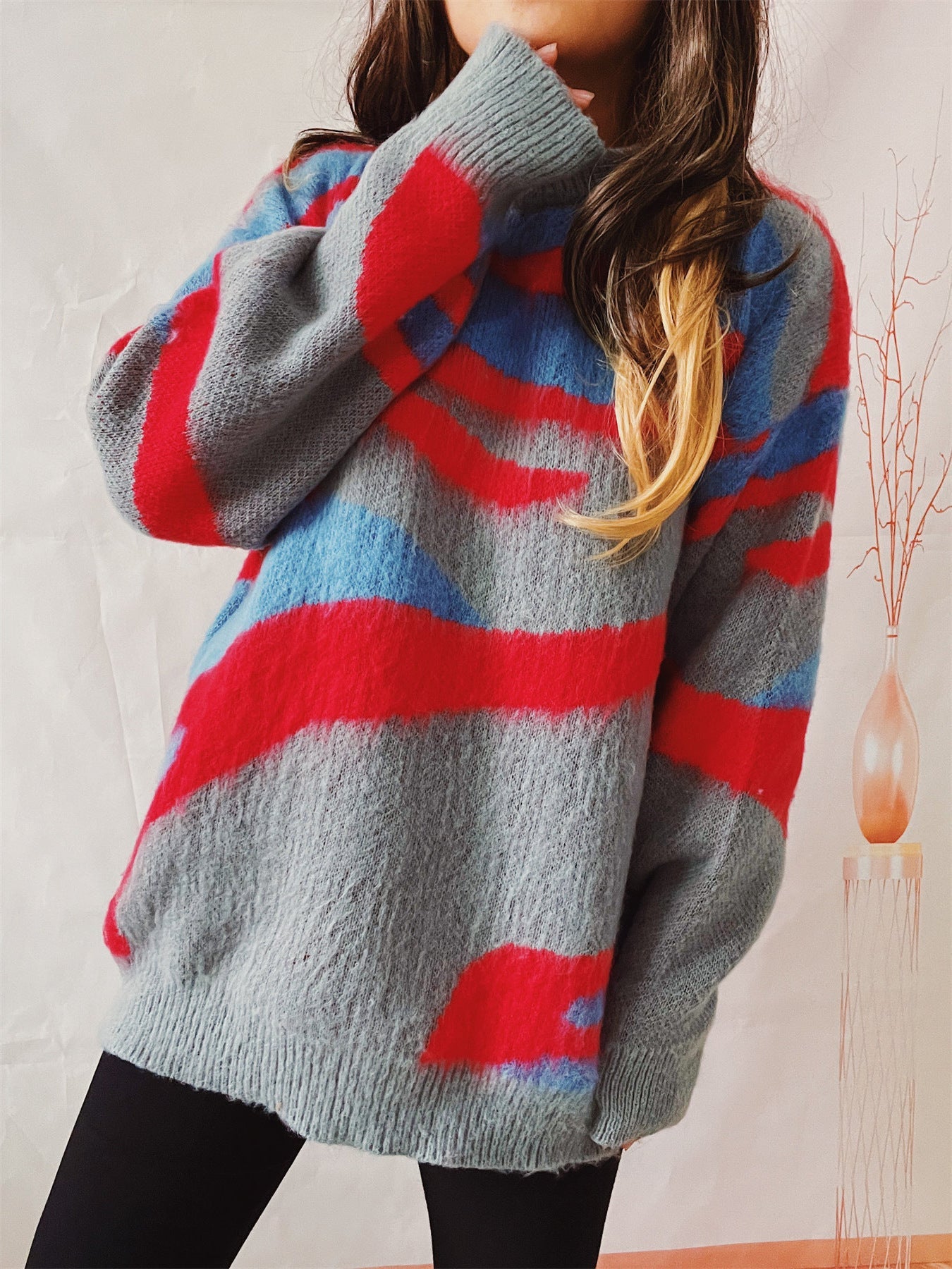 Oversized Women Sweater - Irregular Striped, Knit, Casual